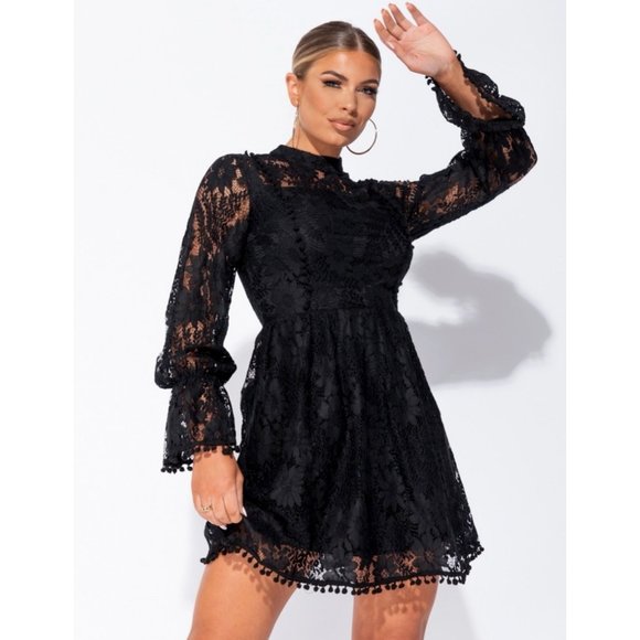 Black Lace High Neck Long Sleeve Mini Dress - Picture 2 of 8